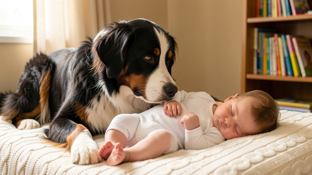 Berner Sennenhund schützt schlafendes Baby