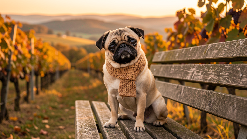 Pug mit Schal im Weinberg