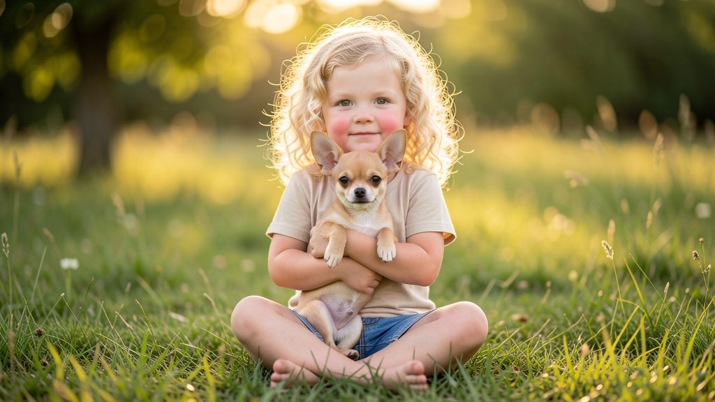 Mädchen mit Chihuahua auf der Wiese