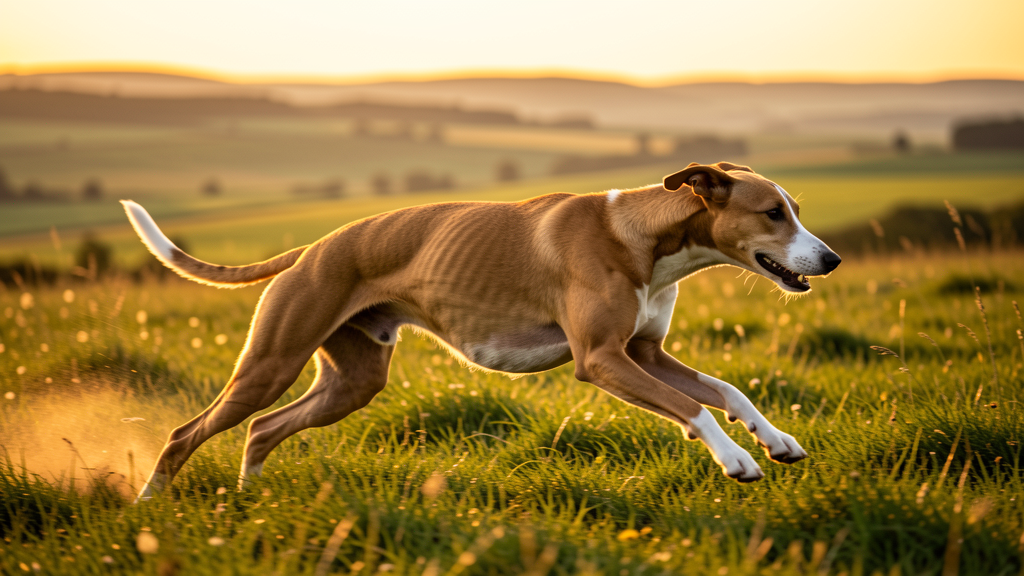 Whippet im Sprint bei Sonnenuntergang