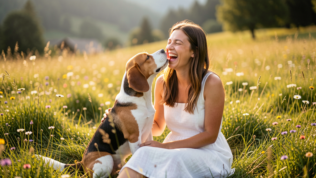 Frau lacht mit Beagle in der Wiese