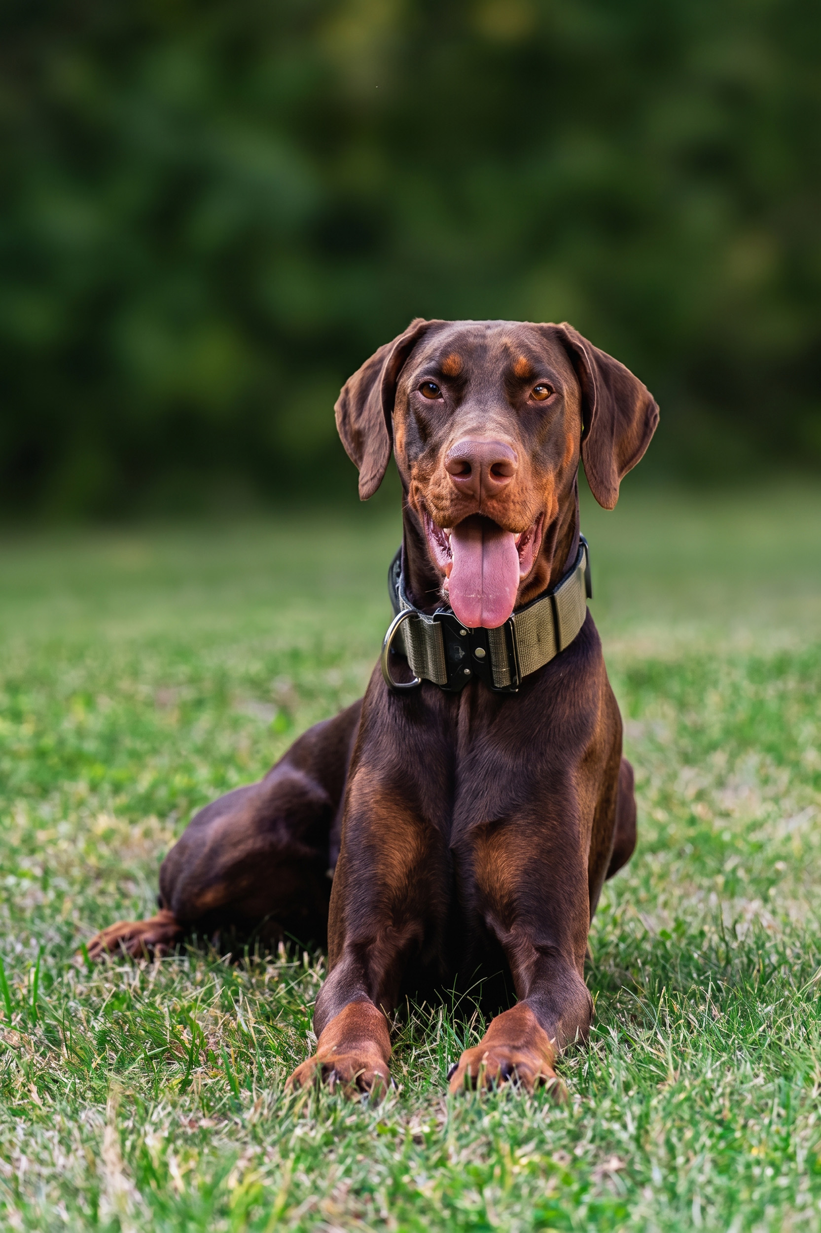 Loki, unser Dobermann, sitzt im Gras
