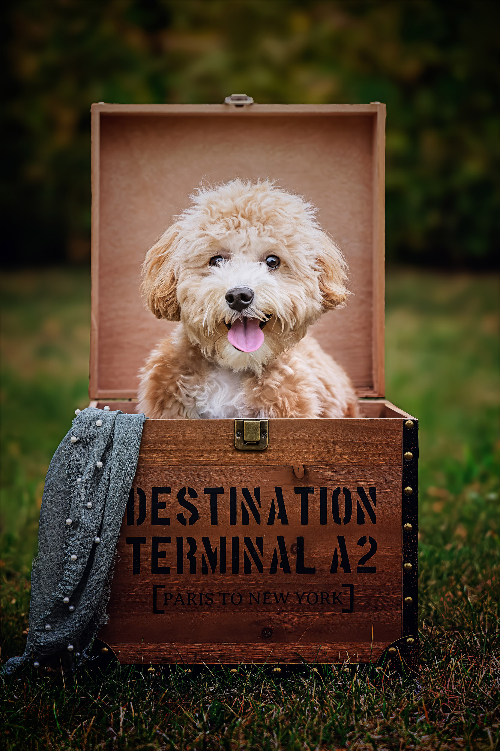 Maltipoo-Welpe sitzt in einer Holztruhe – Indoor-Shooting mit Requisiten